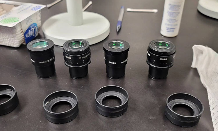 Eyepiece lenses laid out for cleaning